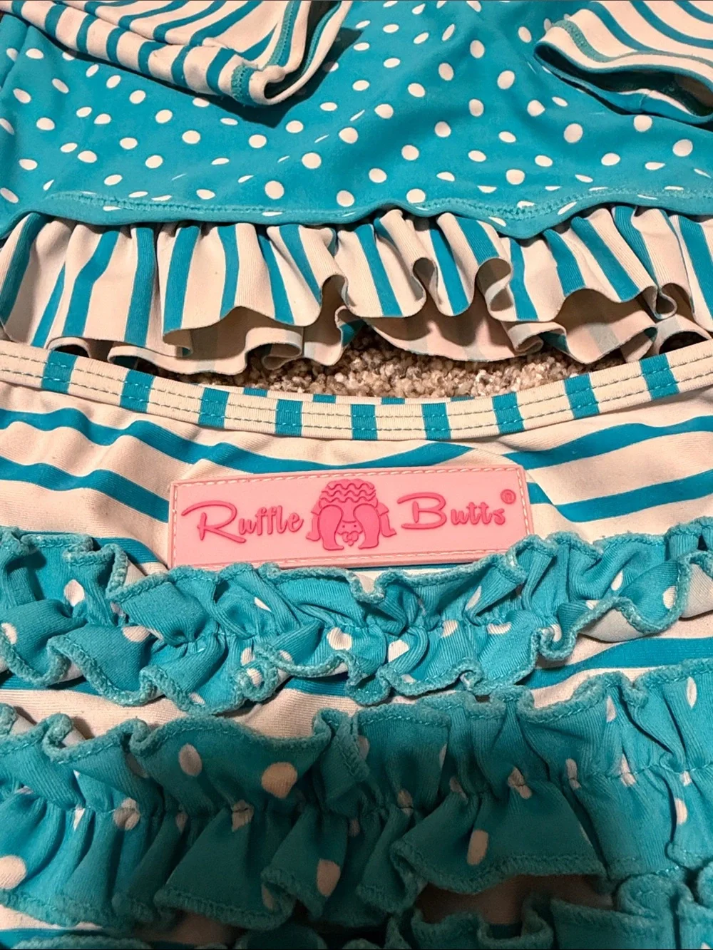 Ruffle Butts Turquoise & White Polka Dot and Stripe Long-Sleeve Swim Set